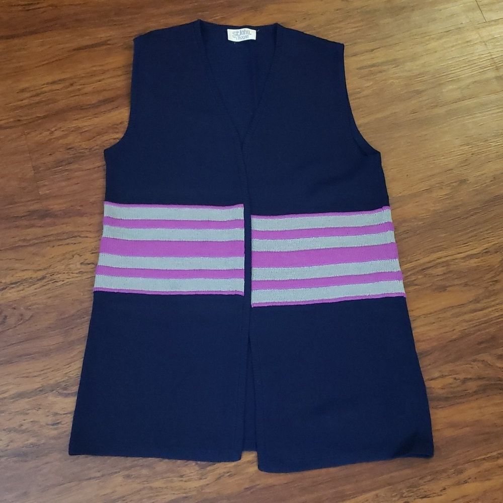 Vintage St John's Navy Pink Stripe Vest Knit 70s Cardigan Size Medium Feminine